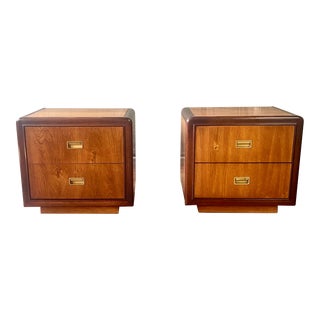 1970s Mid Century Modern Walnut Campaign Nightstand Pair For Sale