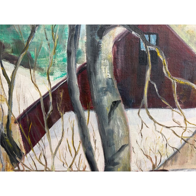 Large 1963 Signed Oil Painting Winter Landscape Red Barn Snow Scene Rustic Farm by L. Brade For Sale - Image 14 of 18