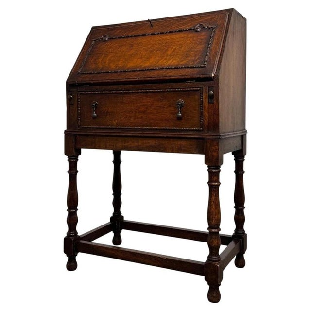Antique Early 20th Century English Jacobean Oak Bureau For Sale - Image 3 of 14