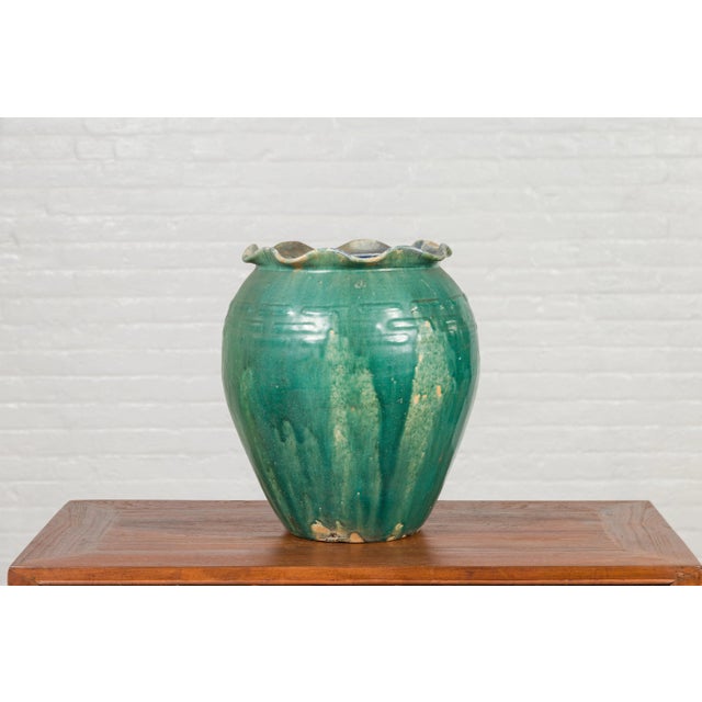Asian Antique Vietnamese or Chinese Green Glazed Vase with Scalloped Lip For Sale - Image 3 of 13