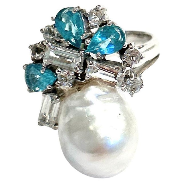 Bochic “Orient” Appetite, Topaz & Pearl Cocktail Ring Set In 18K Gold & Silver Natural Blue Appetite, Pear Shape - 2...