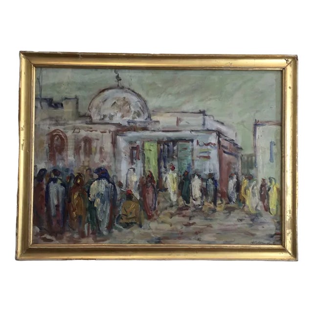 André Pettineroli, Ville orientale animée, Oil and Gouache on Cardboard, Framed For Sale