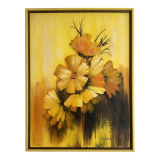 Vintage Eric Marshall Yellow & Orange Floral Painting Mid-Century Modern Impasto Flower Art Signed Original For Sale