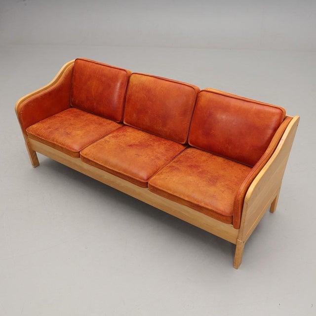 Mid-Century Modern Patina Leather Beech Frame Yngve Ekstrom Three Seat Sofa, Sweden, Minimalist For Sale - Image 3 of 12