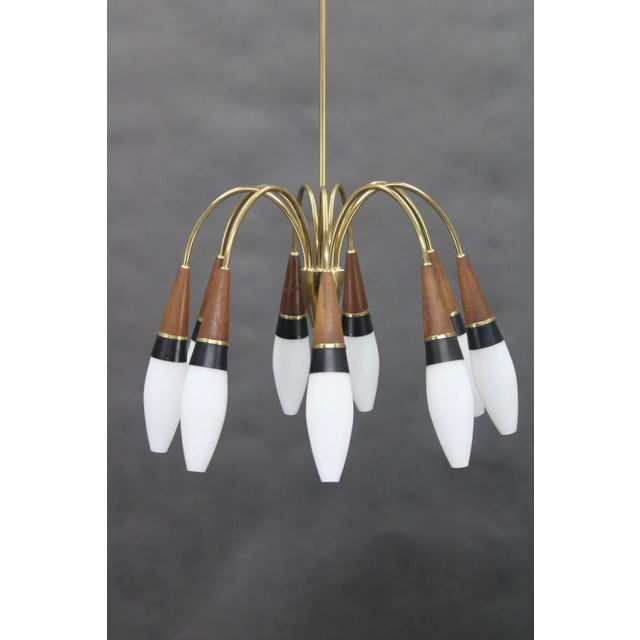 Brass and Teak Opaline Glass Chandelier by Rupert Nikoll, Austria, 1960s For Sale - Image 6 of 8