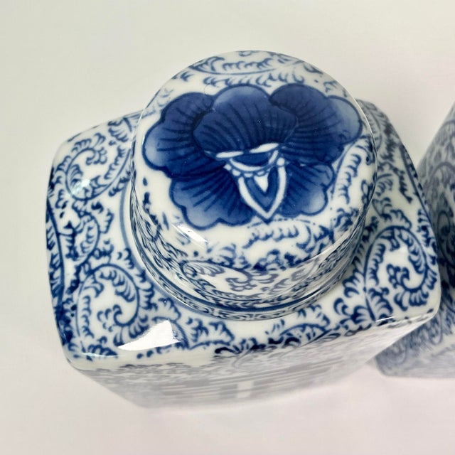 Mid 20th Century Mid-Century Boho Chic Chinoiserie Hollywood Regency Blue & White Square Happiness Ginger Jars - A Pair For Sale - Image 5 of 15