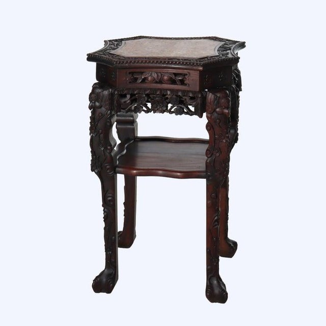 Antique Chinese Floral & Figural Carved Rosewood Rouge Marble Top Stand C1920 For Sale - Image 10 of 12