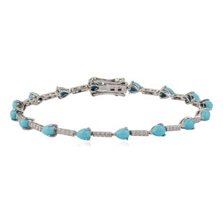 2.34ct Natural Turquoise & Diamond Station Tennis Bracelet in 14k White Gold For Sale