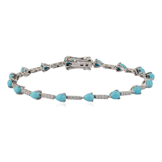 2.34ct Natural Turquoise & Diamond Station Tennis Bracelet in 14k White Gold For Sale