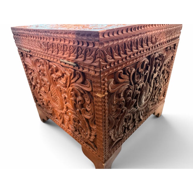 Pair of Vintage Anglo-Indian Hand-Carved Teak Side Tables / Storage Chests For Sale - Image 4 of 7