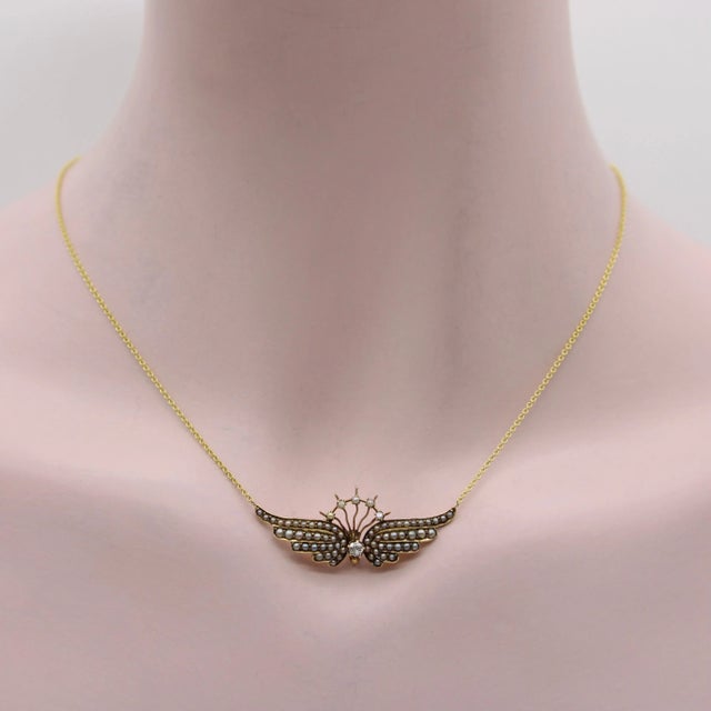Late 19th Century 14K Gold Victorian Angel Wing Necklace with Diamond and Seed Pearls For Sale - Image 5 of 7