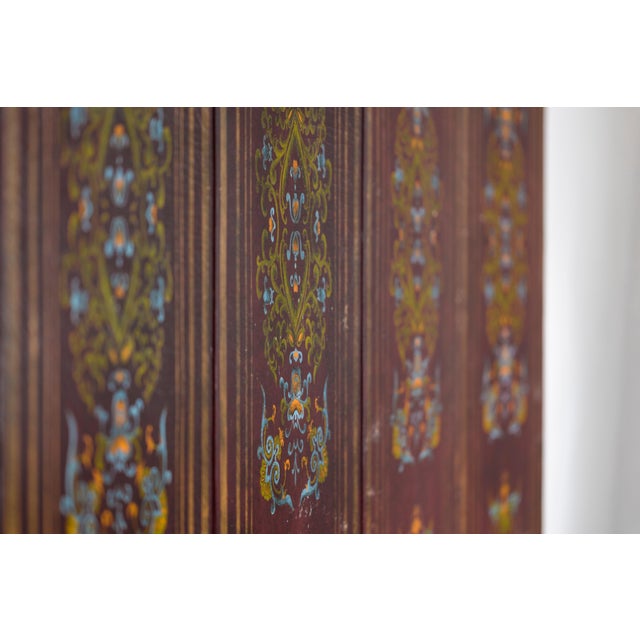 Red Vintage Chinese Four-Panel Painted Screen in Dark Red Brown Finish For Sale - Image 8 of 10