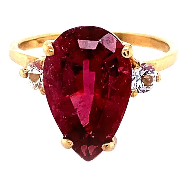 Sparkling Pinky/Red Rubelite & White Sapphires in 14k Gold Ring For Sale