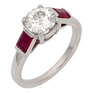 1930s Art Deco Gia 1.08 Carat Old European Cut Diamond Ruby Platinum Engagement Ring, Size 5.25 For Sale