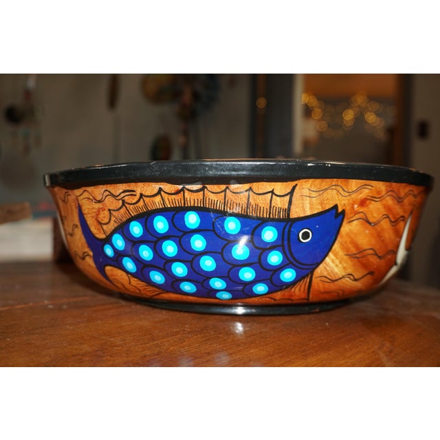 Folk Art Colorful Hand-Painted Wooden Fish Bowl – Folk Art Decorative Centerpiece For Sale - Image 3 of 9