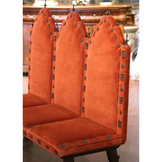 Renaissance 19th Century Spanish Renaissance Walnut and Velvet Three-Seat Bench For Sale - Image 3 of 12