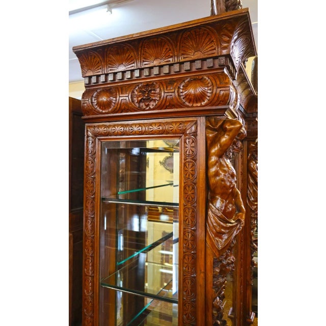 19th Century Renaissance Revival Atlas Walnut Figural Curio China Cabinet For Sale - Image 16 of 18