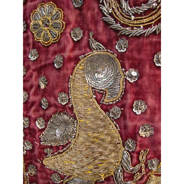Burgundy 19th Century Silver and Gold Indian Embroidery Tapestry With Two Elephants For Sale - Image 8 of 13