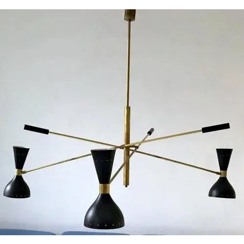 Black and Brass Adjustable Three-Arm Triennale Style Chandelier For Sale - Image 4 of 7