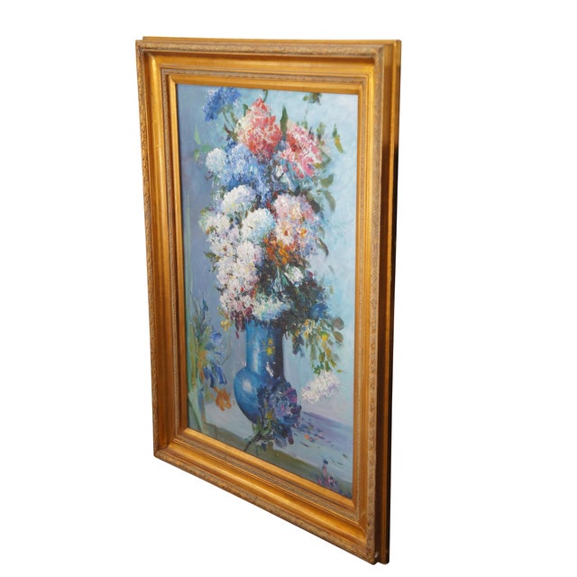 Neoclassical 20th Century Still Life Oil Painting Bouquet of Flowers in Blue Vase Framed 43" For Sale - Image 3 of 12