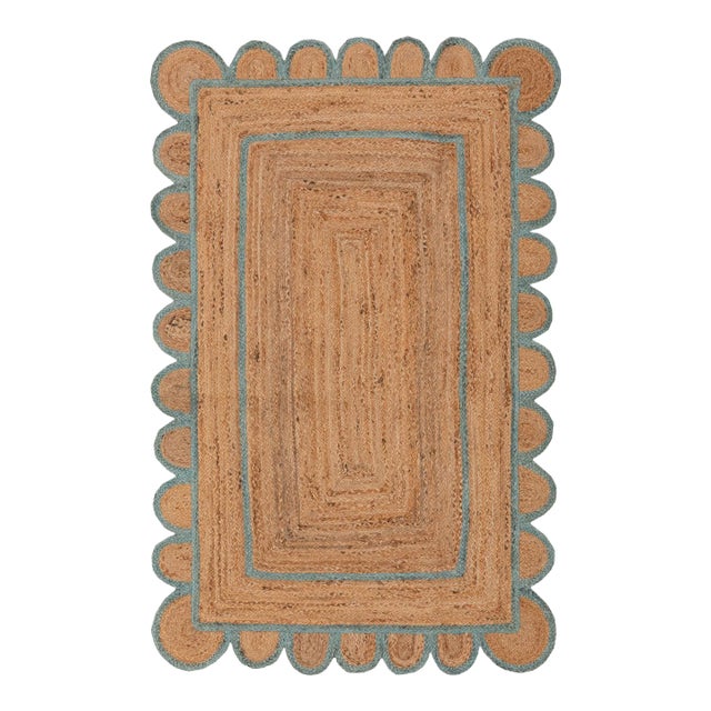 Scallop Jute Turquoise Blue Hand Made Rug 2.5x8 Ft. For Sale
