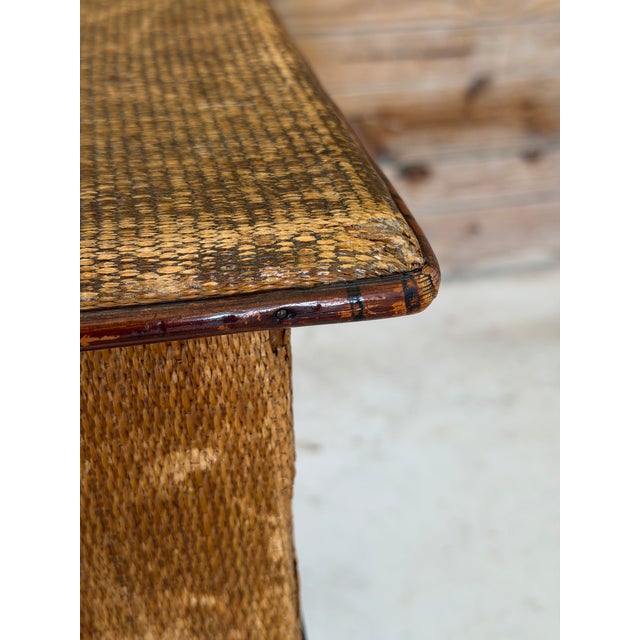 Tan Late 19th Century Restored Scorched Bamboo Sewing Stand With Woven Rattan Top For Sale - Image 8 of 11