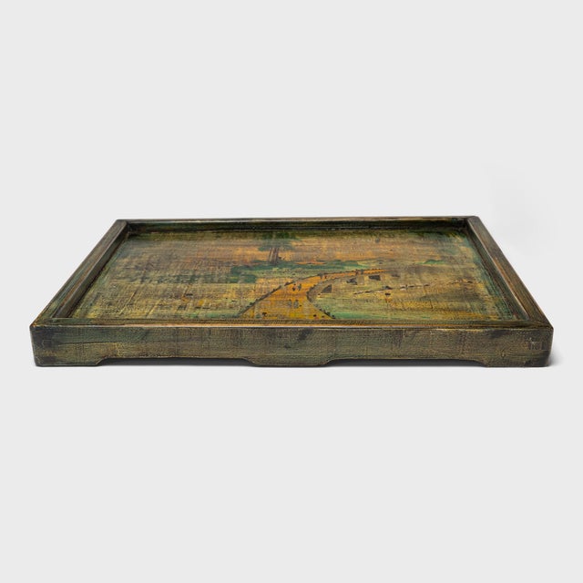 Chinese Chinese Painted River Landscape Tray, C. 1940 For Sale - Image 3 of 4