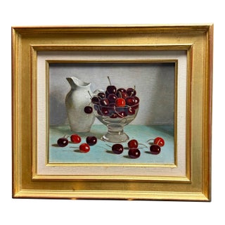 Mid 20th Century Jacques Blanchard Original Oil Painting Still Life Cherries Signed Gold Framed For Sale
