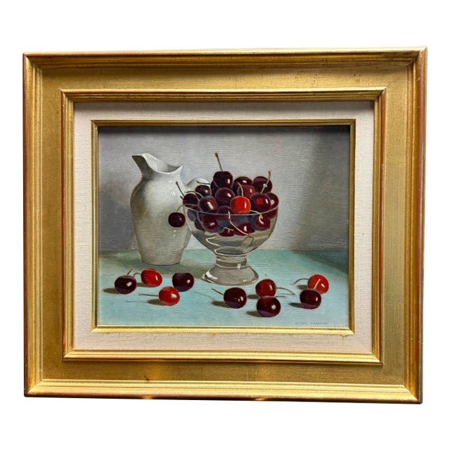 Mid 20th Century Jacques Blanchard Original Oil Painting Still Life Cherries Signed Gold Framed For Sale