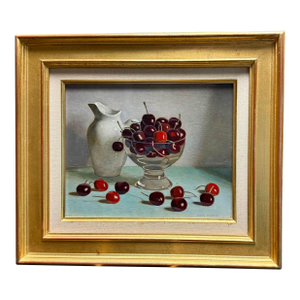 Mid 20th Century Jacques Blanchard Original Oil Painting Still Life Cherries Signed Gold Framed