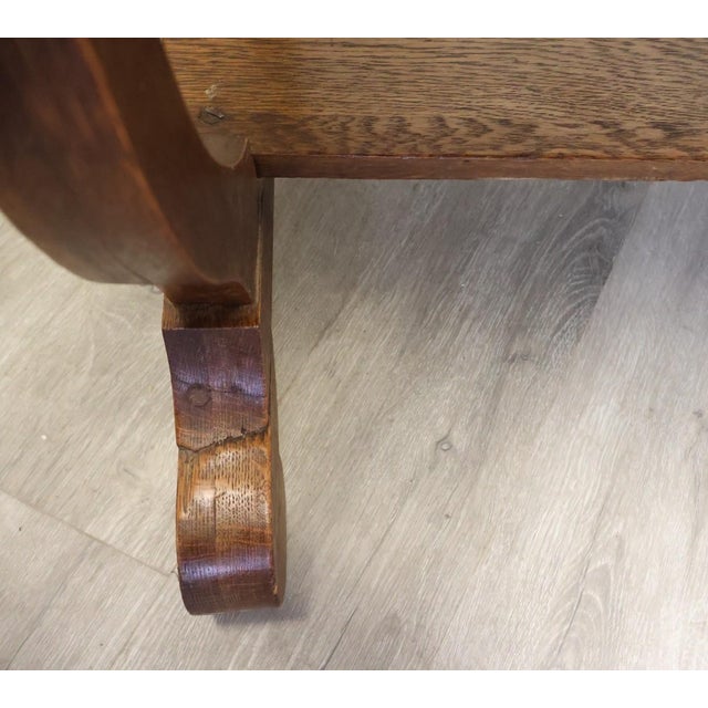 Brown Antique Arts & Crafts Oak Library Table With Lyre-Form Supports & Bookshelf, C 1910–1920 For Sale - Image 8 of 9