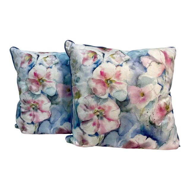 Pair of 20 “ Square Pillows With a Pink and White Floral Print - Made in U K For Sale