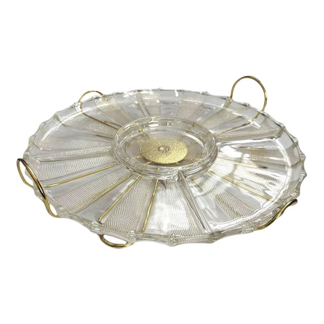 Vintage Glass Lazy Susan Serving Tray With Gold-Tone Divided Insert For Sale