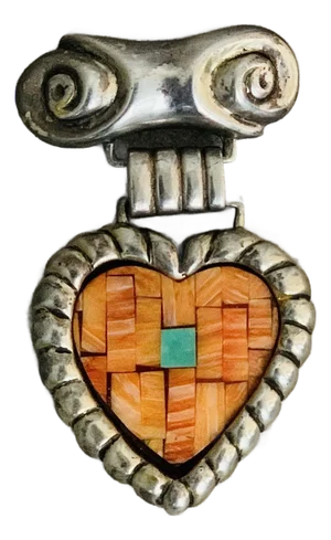 1980’s Dian Malouf Sterling Heart Pin/Brooch, Turquoise & Spiny Oyster Mosaic Center With Rope-Style Surround & Scroll Bar at the Top