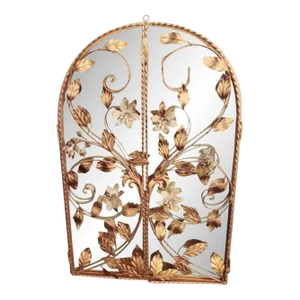 Vintage Tole Arched Regency 2 Door Gold Floral Wall Mirror