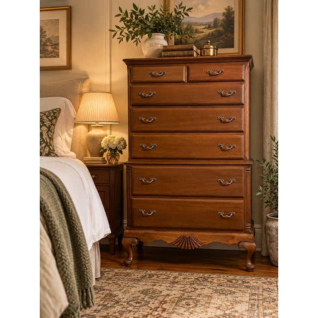 Circa 1940 Queen Anne–Style Mahogany Highboy Chest With 7 Dovetailed Drawers, Refinished For Sale - Image 12 of 12