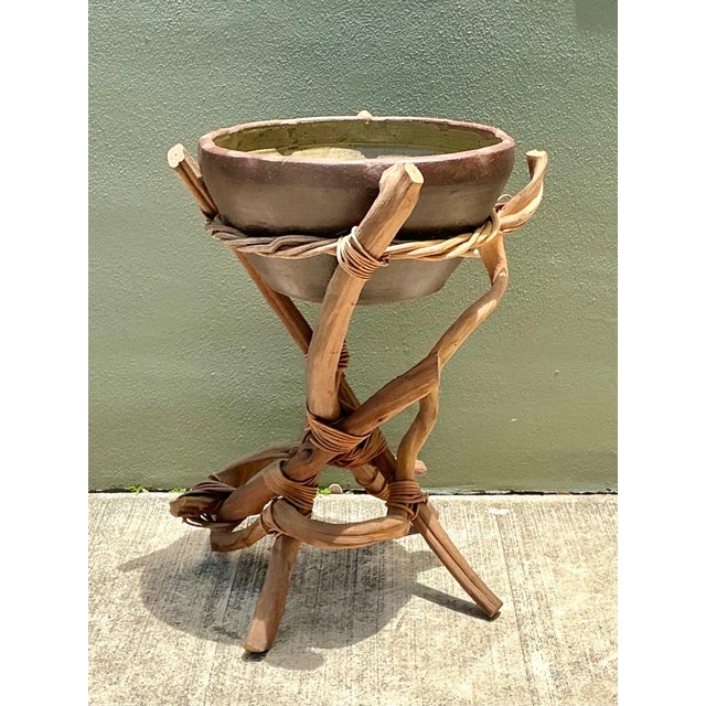 Vintage Twisted Wood and Pottery Plant Stand For Sale - Image 12 of 16