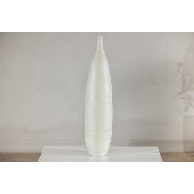 White Artisan Tall White Ceramic Vase with Subtle Relief Decoration For Sale - Image 8 of 18