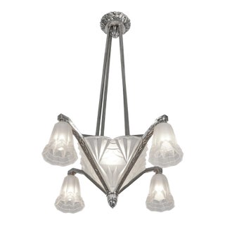 Degue French Art Deco Chandelier 1930s - Square Geometric Frosted Glass For Sale