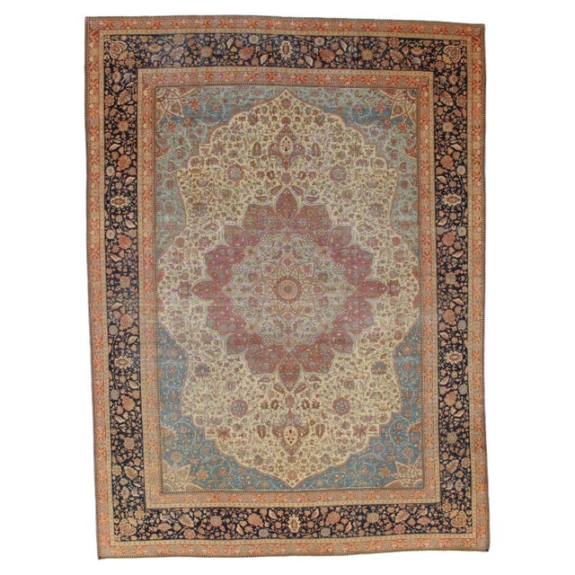 Antique Persian Mohtasham Kashan Carpet, Traditional, Soft, Ivory, Blue, Green For Sale - Image 15 of 18