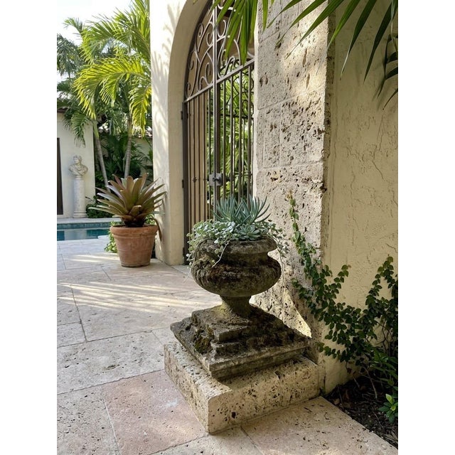 Vintage Weathered Cast Stone Garden Urn Planter on Stepped Square Pedestal Base For Sale - Image 9 of 12