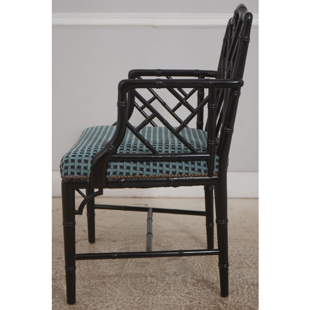 Chinese Pair of Ebonized Chinese Chippendale Faux Bamboo Dining Arm Chairs For Sale - Image 3 of 18