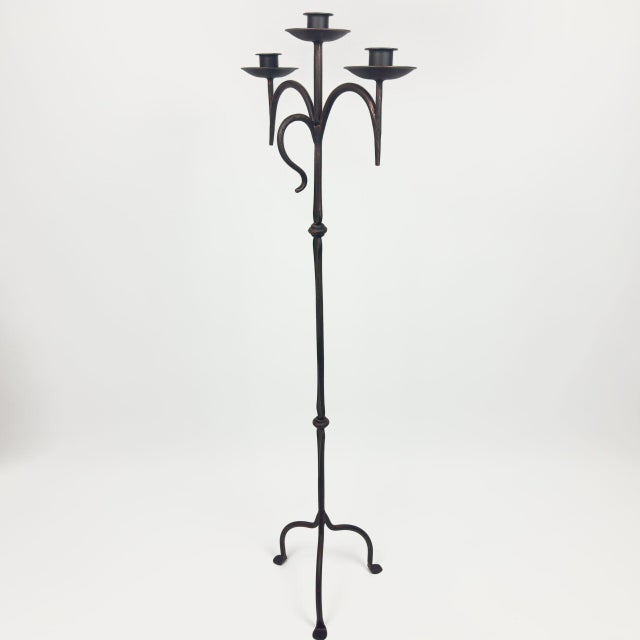 Rustic Hand Forged Iron Floor Candelabra 46″ (117cm) Antique Copper or Gold Patina 3-Arm Classic Scroll Candle Holder Rustic Decor For Sale - Image 3 of 11