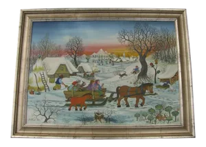 1975 "Winter Snow" Folk Art Style Oil on Canvas Painting by Slobodan Kesic, Framed