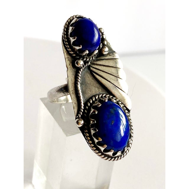Tribal Southwestern Revival Lapis Lazuli Double-Cabochon Ring in Ornate .925 Sterling Silver, , Size 8.25 For Sale - Image 3 of 9