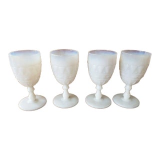 S1938 Phoenix Glass Company Pearlescent Milk Glass Lacy Dewdrop Glasses- Set of 4 For Sale