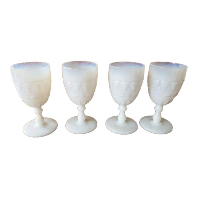 S1938 Phoenix Glass Company Pearlescent Milk Glass Lacy Dewdrop Glasses- Set of 4 For Sale