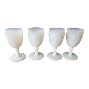 S1938 Phoenix Glass Company Pearlescent Milk Glass Lacy Dewdrop Glasses- Set of 4