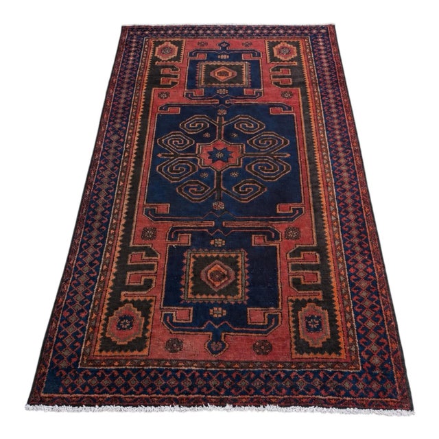 Mid-Century Hand Knotted Wool Rug - Navy Madder Tribal Geometric For Sale - Image 4 of 11