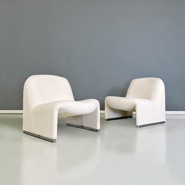 Italian modern pair of white teddy fabric and metal details Alky armchairs by Giancarlo Piretti for Anonima Castelli,...